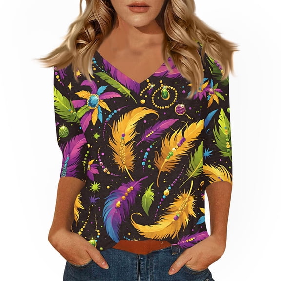 Dresfit Mardi Gras Shirts for Woman V Neck 3/4 Sleeve Parade Blouse 2026 Carnival Mask Printed Graphic Party T-Shirt Funny Holiday Tunic Top Green 2XL