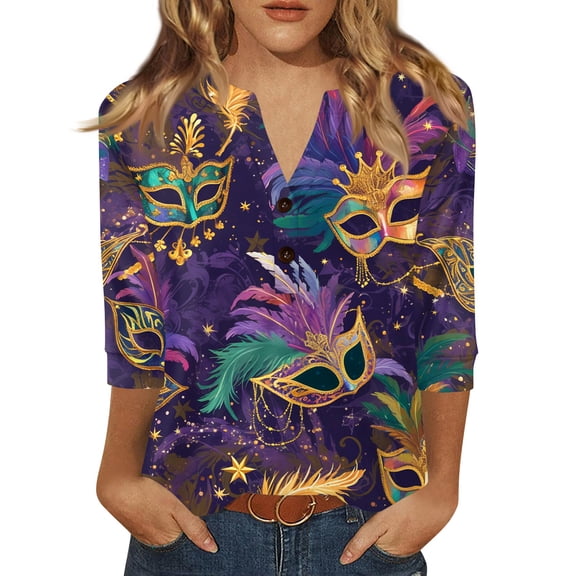 Dresfit Mardi Gras Shirts Women 3/4 Sleeve Graphic Holiday Blouse 2026 Sequin Glitter V Neck Parade Tunic Top Plus Size Party T-Shirt Purple Pink L