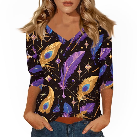 Dresfit Mardi Gras Shirts Women 3/4 Sleeve Graphic Party Tunic Top 2026 Sequin Glitter V Neck Holiday T-Shirt Button Parade Blouse Black L