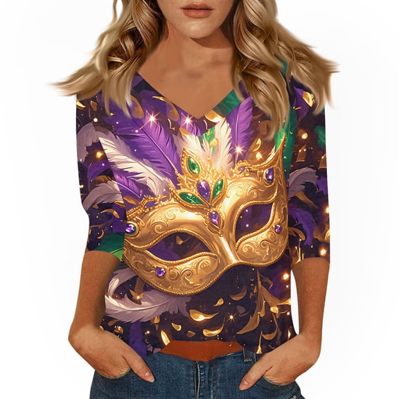 Dresfit Mardi Gras Shirts Womens 3/4 Sleeve Graphic Holiday Blouse 2026 Funny V Neck Party Tunic Top Button Parade T-Shirt Purple M