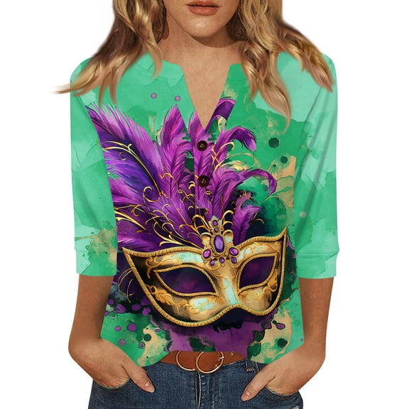 Dresfit Mardi Gras Shirts Womens 3/4 Sleeve Graphic Parade T-Shirt 2026 Slim Fit V Neck Party Tunic Top Carnival Mask Printed Holiday Blouse Green XL