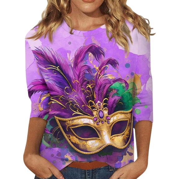 Dresfit Mardi Gras Shirts Womens Graphic 3/4 Sleeve Holiday Blouse 2026 Plus Size Crew Neck Party Tunic Top Funny Parade T-Shirt Purple Pink M