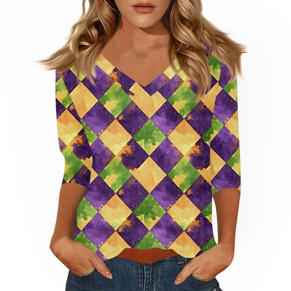 Dresfit Mardi Gras Shirts Womens Graphic 3/4 Sleeve Party Blouse 2026 Funny V Neck Holiday T-Shirt Slim Fit Parade Tunic Top Yellow M