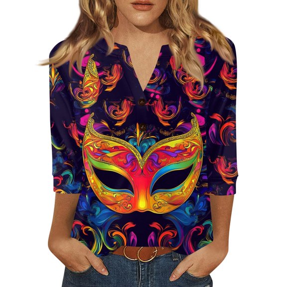 Dresfit Mardi Gras Shirts for Woman Graphic 3/4 Sleeve Holiday Tunic Top 2026 Funny V Neck Party Blouse Slim Fit Parade T-Shirt Purple Pink 2XL