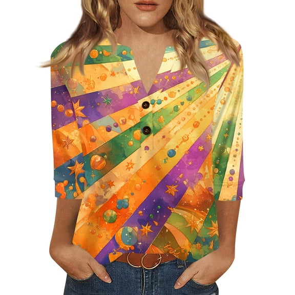 Dresfit Mardi Gras Shirts for Woman Graphic V Neck Holiday T-Shirt 2026 Button 3/4 Sleeve Party Tunic Top Funny Parade Blouse Gold M