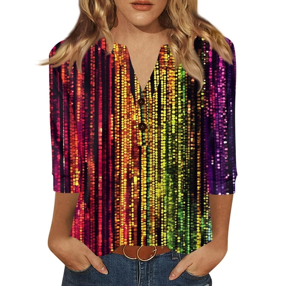 Dresfit Mardi Gras Shirts for Woman V Neck 3/4 Sleeve Party Blouse 2026 Funny Graphic Parade Tunic Top Slim Fit Holiday T-Shirt Multicolor 2XL