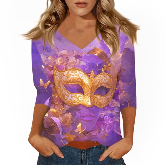 Dresfit Mardi Gras Shirts for Women 3/4 Sleeve Graphic Holiday Tunic Top 2026 Funny V Neck Party Blouse Carnival Mask Printed Parade T-Shirt Gold M