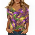 thumbnail image 1 of Dresfit Mardi Gras Shirts for Women 3/4 Sleeve Graphic Party Tunic Top 2026 Slim Fit V Neck Parade T-Shirt Button Holiday Blouse Purple M, 1 of 5