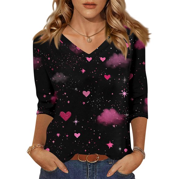 Dresfit Mardi Gras Shirts for Women 3/4 Sleeve V Neck Parade T-Shirt 2026 Funny Graphic Holiday Tunic Top Sequin Glitter Party Blouse Light pink XL
