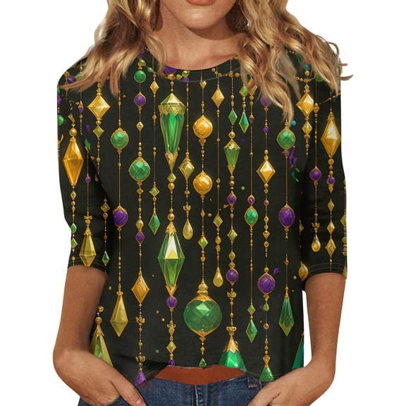 Dresfit Mardi Gras Shirts for Women Crew Neck 3/4 Sleeve Holiday T-Shirt 2026 Funny Graphic Party Tunic Top Slim Fit Parade Blouse Black M