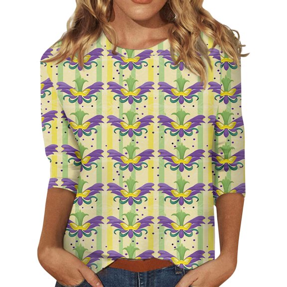 Dresfit Mardi Gras Shirts for Women Graphic Crew Neck Party Tunic Top 2026 Slim Fit 3/4 Sleeve Parade Blouse Button Holiday T-Shirt Light Green S