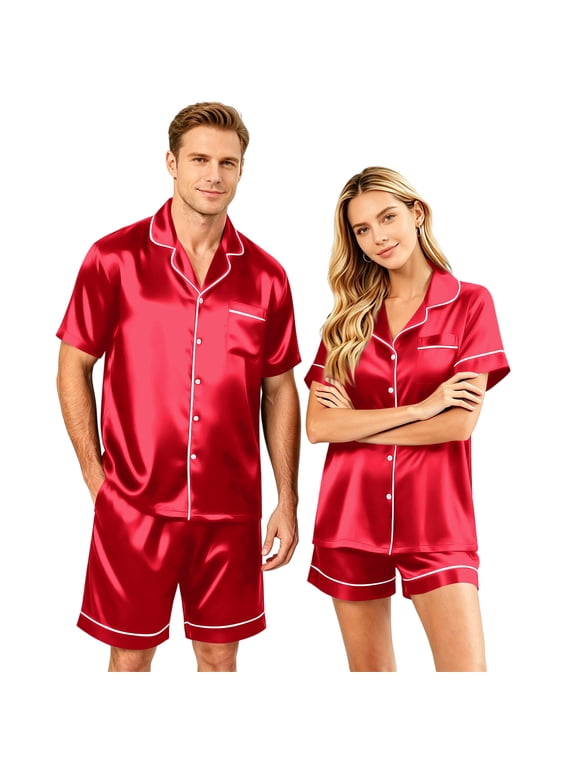 Matching Pajama Set for Couples 2026 Short Sleeve Satin Silk Shirts & Shorts Pajamas Lightweight Athletic Lounge Sets Button Down Chest Pocket Golf 2 Piece Sets 3XL