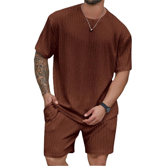Dresfit Men's 2 Piece Outfits Crew Neck Short Sleeve T Shirts Match Shorts 2 Piece Sets Summer 2026 Breathable Textured Short Sets Oversize Lounge Tracksuit 3XL