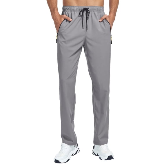 Dresfit Men's Athletic Sweatpants Big and Tall Waterproof Pants Stretch Quick Dry Jogging Trousers Straight Leg Flex Yoga Joggers with Zipper Pockets Light Gray XL