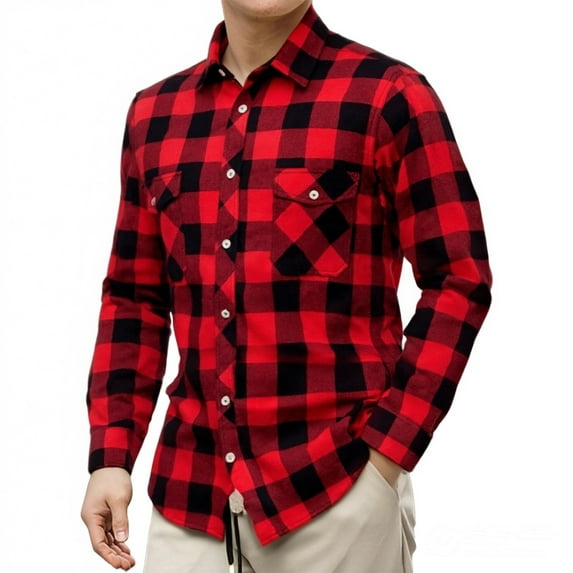 Dresfit Men's Button Down Shirts Plaid Flannel Shirt 2026 Fleece Color Block Long Sleeve Tops Summer Regular Fit Lightweight Dress Formal Shirt Red M