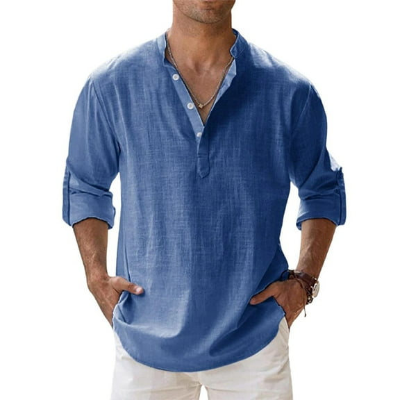 Dresfit Men's Button Shirts Solid Linen Shirt 2026 Big and Tall Long Sleeve Henley Tops Spring Plus Size Lightweight Vacation Casual Shirt Blue L