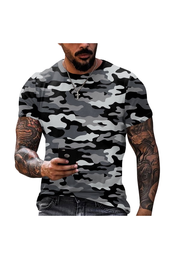 Men's Camo Shirt Camouflage Crew Neck Work Out Tops Short Sleeve Musle Big and Tall Tennis Tees Basic Relaxed Fit T Shirts Gray XL