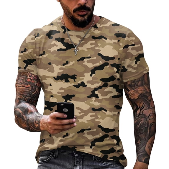 Dresfit Men's Camo Shirt Crew Neck Short Sleeve Work Out Tees Camouflage Big and Tall Cotton Tennis T Shirts Lightweight Basic Tops Light Brown 3XL
