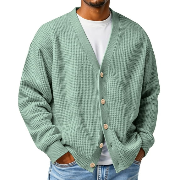 Dresfit Men's Cardigan Sweaters Long Sleeve Knitted Sweater Front V Neck Ribbed Waffle Shirt Spring Button Up Oversized Plus Size Back To School Coat Dressy Pullover Light Green 2XL