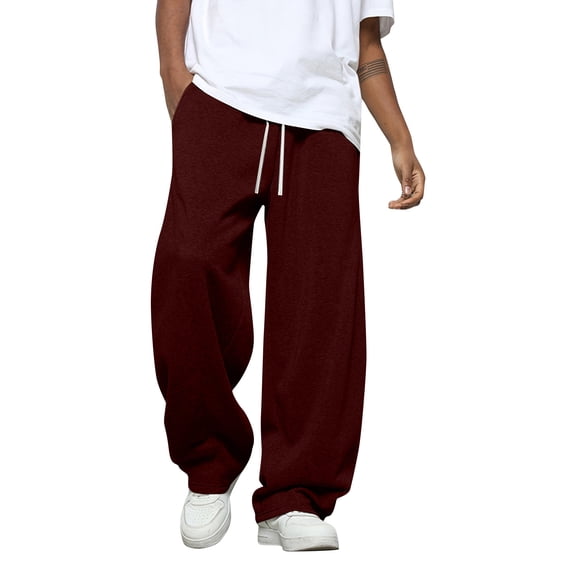 Dresfit Men's Cargo Joggers Wide Leg Baggy Pants Heavyweight Drawstring Open Bottom Sweatpants Cotton Fleece Hiking Trousers with Pockets Wine 3XL