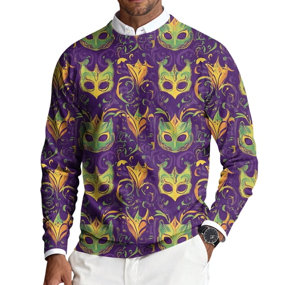 Dresfit Men's Carnival Shirts Long Sleeve Carnival Mask Printed Holiday Sweatshirts 2026 Crew Neck Lightweight Sequin Glitter Parade Pullover Purple XL