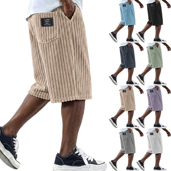 Dresfit Men's Corduroy Shorts Long Baggy Shorts Summer 2026 Multi Pockets Drawstring Holiday Short Pants Lounge Relaxed Fit Waistband Vacation Bottoms M