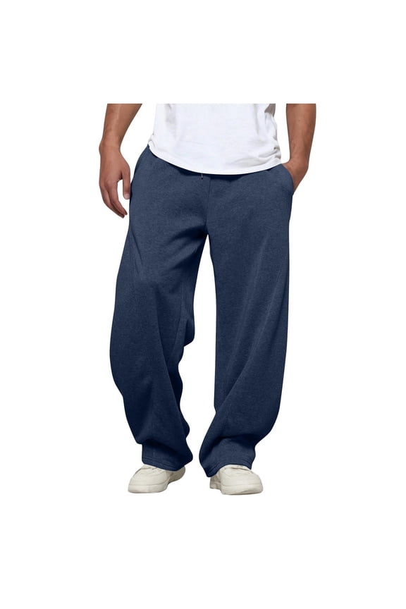 Men's Cotton Pants Open Bottom Big and Tall Wide Leg Sweatpants Drawstring Solid Color Elastic Waist Joggers Lounge Relaxed Fit Cotton Sweat Pants Navy XL