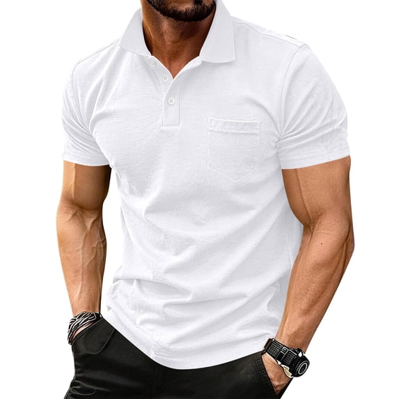 Dresfit Men's Dress Shirts Button Down Short Sleeve Tennis Tops Collared Chest Pockets Cotton Golf Tees Loose Patchwork T Shirts White 2XL