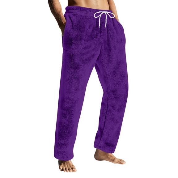 Dresfit Men's Flannel Pajama Pants Winter Fuzzy Pajamas Fleece Lined Pant Thick Comfort Solid Color Drawstring Bottoms Lounge Warm Plush Sleepwear with Pockets Purple 2XL