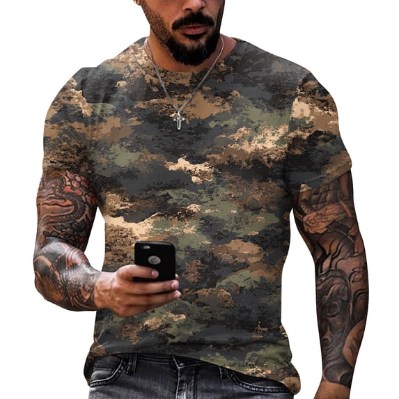 Dresfit Men's Gym Shirt Crew Neck Camouflage Athletic Tees Short Sleeve Basic Cotton Work Out Tops Musle Relaxed Fit T Shirts Gray 6XL
