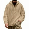thumbnail image 1 of Dresfit Men's Henley Shirts Drawstring Linen Shirts Spring 2026 Relaxed Fit Beach Tops with Hood Striped Oversized Big and Tall Breathable Fashion Khaki M, 1 of 6