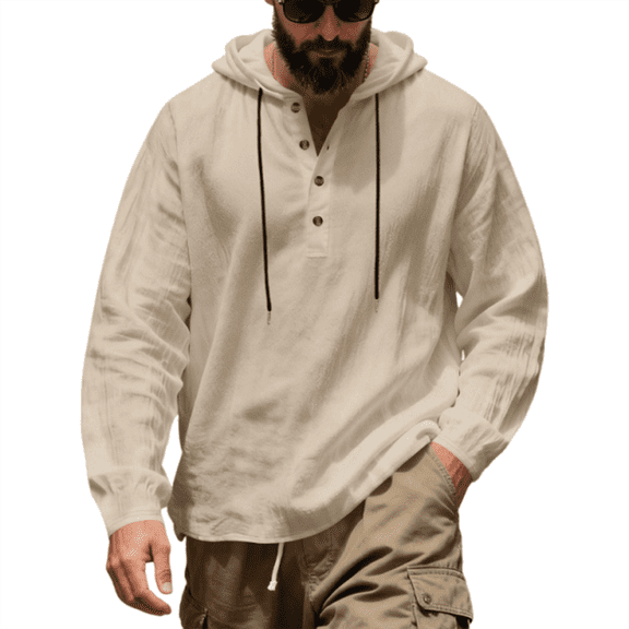 Dresfit Men's Henley Shirts Long Sleeve Linen Shirts Summer Spring Big and Tall Beach T Shirt with Hood Drawstring Lightweight Oversized Breathable Fashion Khaki XL