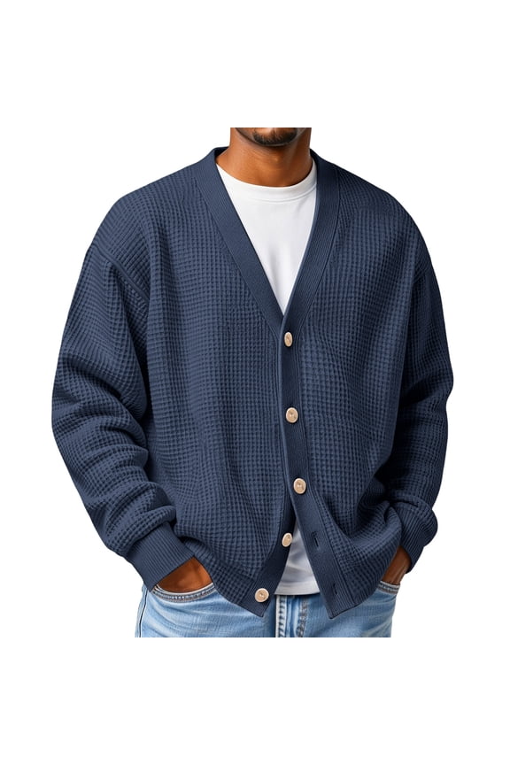 Men's Knit Shirt Front V Neck Cardigan Sweaters Button Up Ribbed Waffle Sweater Winter Long Sleeve Oversized Loose Fit Dressy Pullover Back To School Coat Navy 4XL