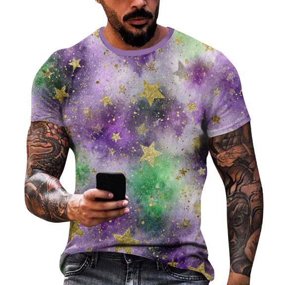 Dresfit Men's Mardi Gras Shirts Short Sleeve Carnival Mask Printed Party T-Shirts 2026 Crew Neck Funny Lightweight Parade Top Light Purple 4XL