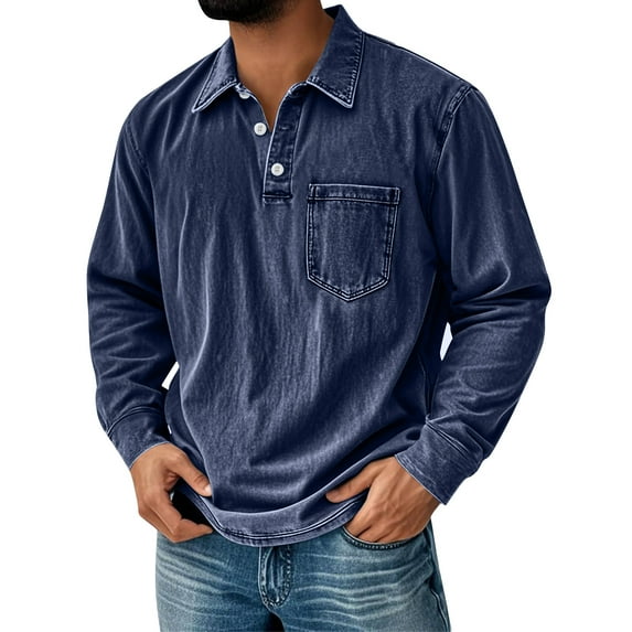 Dresfit Men's Mokaloha Shirt Distressed Polo Shirts Autumn Lapel Long Sleeve Vintage Tops Stand Collar Acid Washed Lounge Loose Winter Tshirts Navy L