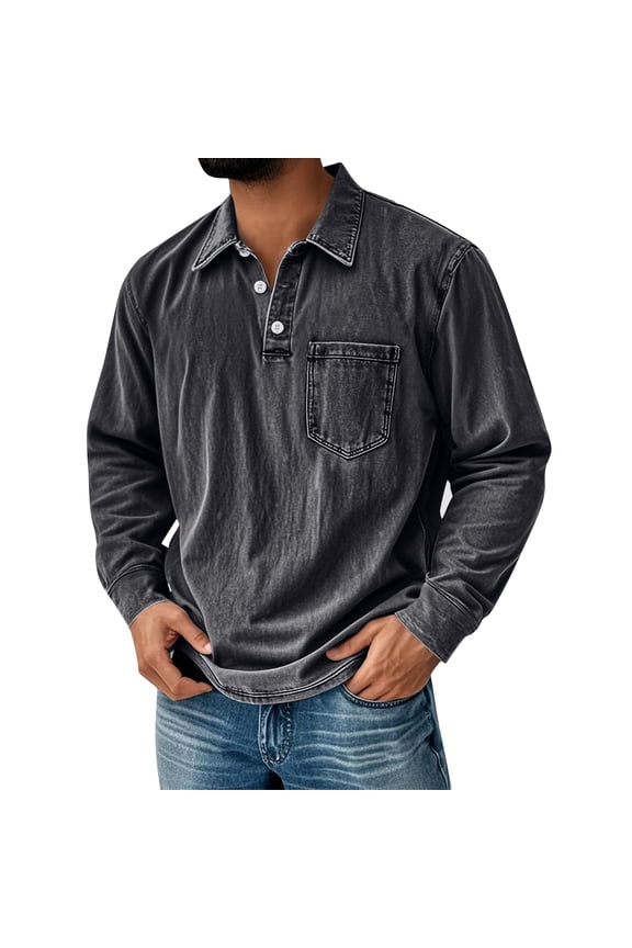 Men's Mokaloha Shirts Lapel Polo Shirt Autumn Distressed Long Sleeve Vintage Tops Stand Collar Acid Washed Loose Lounge Winter Tshirts Gray M