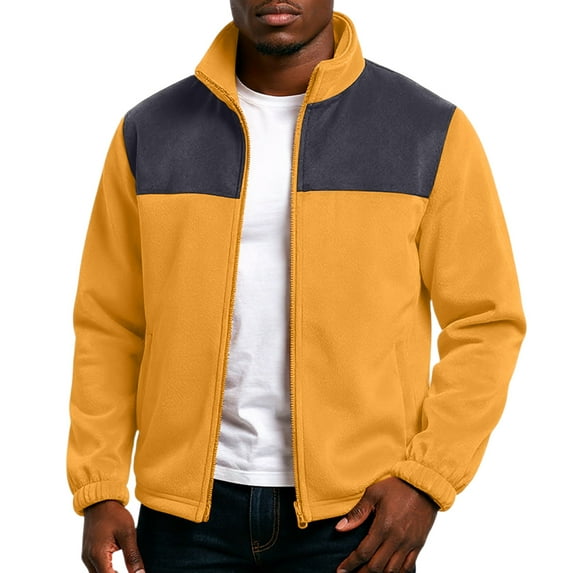Dresfit Men's Patchwork Jacket Color Block Fleece Jackets Fall Winter Zipper Mock Neck Full Zip Running Cardigan Thermal Stand Collar Big and Tall Loungewear Orange XL