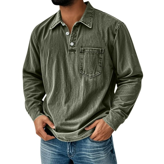Dresfit Men's Polo Shirt Lapel Mokaloha Shirts Autumn Long Sleeve Distressed Vintage Tshirts Stand Collar Baggy Henley Lounge Winter T Shirts Army Green XL