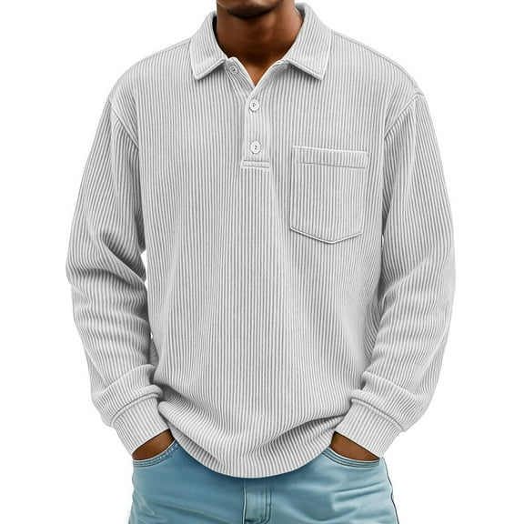 Dresfit Men's Polo Shirts Ribbed Corduroy Big and Tall Shirts Thermal Plain Long Sleeve Button Down Sweatshirt Chest Pocket Lightweight Loose Fit Tops White 2XL