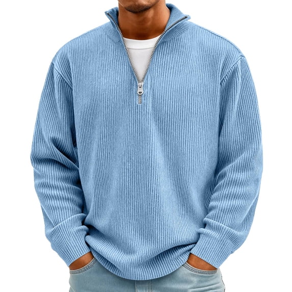 Dresfit Men's Shirt Big and Tall Quarter Zip Corduroy Sweatshirts Henley Textured Fleece Shirts Long Sleeve Plus Size Zipper Polo Shirt Sky Blue L