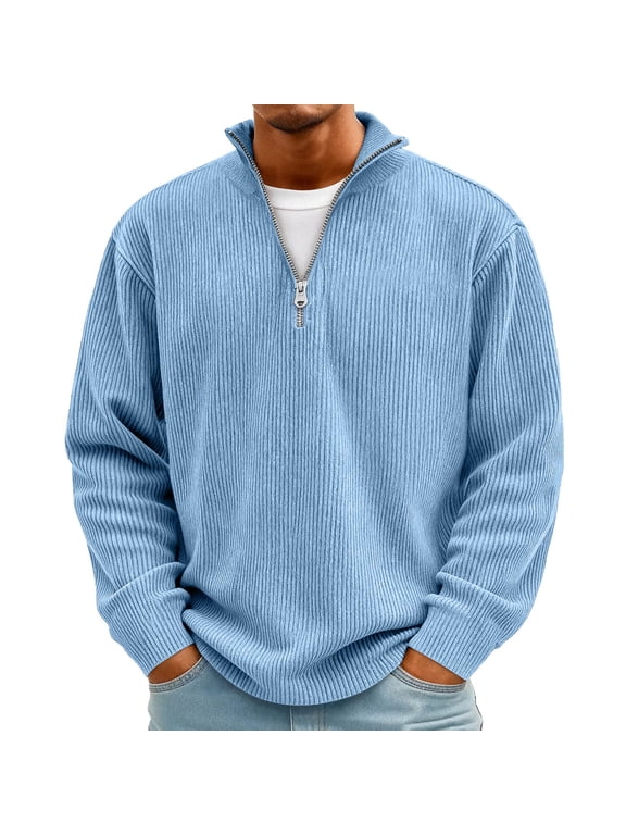 Men's Shirts Corduroy Big and Tall Quarter Zip Shirt Textured Long Sleeve Fleece Sweatshirts Henley Loose Zipper Mokaloha Shirts Sky Blue 5XL