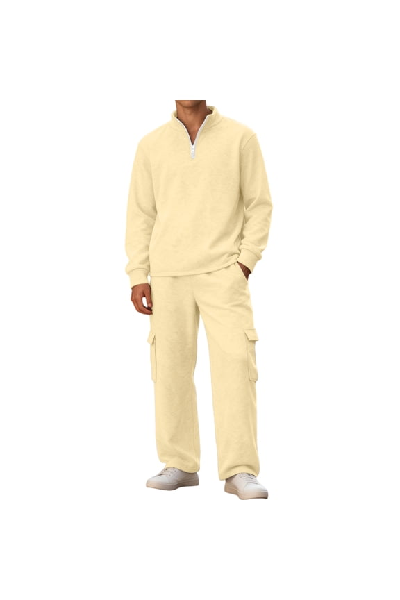 Men's Sweatsuits 2025 Warm Sweat Suits Quarter Zip Sweatshirts & Cargo Sweatpants Solid Color Running Tracksuit Set Big and Tall Aheletic Loungewear Beige 2XL