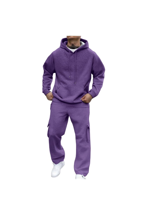 Men's Sweatsuits Fall Drawstring Big and Tall Hoodies and Sweatpants Set Long Sleeve Fleece Workout Streetwear Winter Solid Jogging Jogging Suit Purple #4 Polyseter