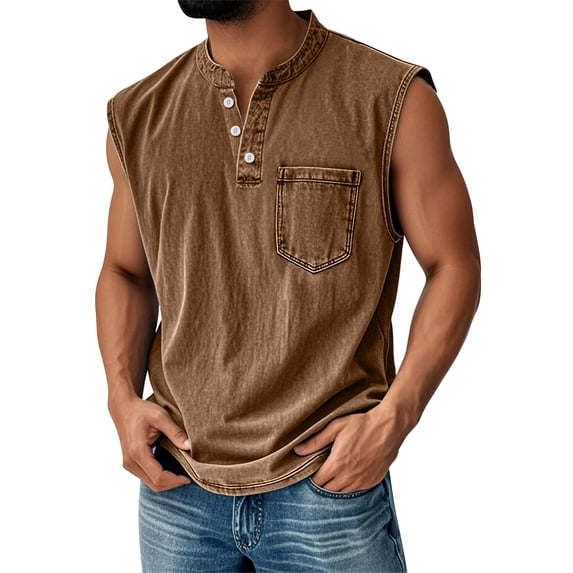 Dresfit Men's Tank Tops Henley Washed Denim Shirts 2026 Summer Sleeveless Distressed Athletic Tees Solid Plus Size Big and Tall Running Shirt Brown L