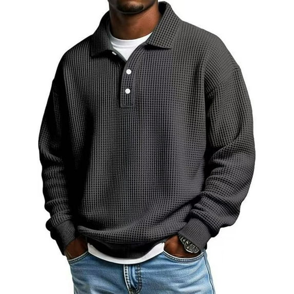 Dresfit Men's Waffle Shirts Long Sleeve Knitted Polo Shirts Big and Tall Button Down Henley Dress Shirt Plus Size Heavyweight Lightweight Tops Black 5XL