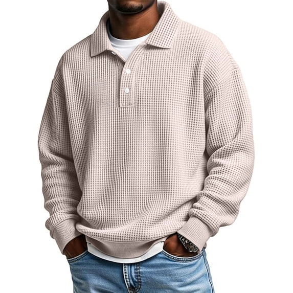 Dresfit Men's Waffle Shirts Long Sleeve Knitted Polo Shirts Button Heavyweight Henley Athletic Sweaters Button Down Plus Size Collared Tops Beige 3XL
