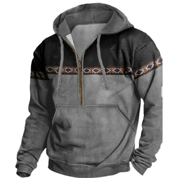 Dresfit Men's Western Aztec Hoodies Patchwork Quarter Zip Sweatshirts Fall Winter Kangaroo Drawstring Pullover Hooded Oversized Graphic Vintage Hoodie Gray XL