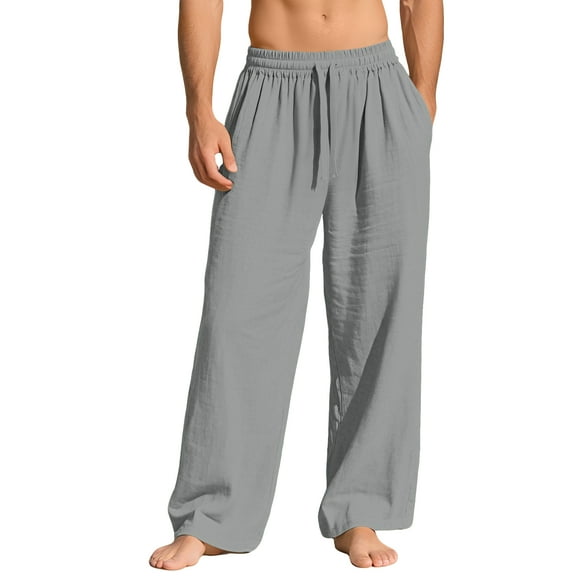 Dresfit Men's Wide Leg Pants Lounge Linen Pants Spring 2026 Straight Leg Big and Tall Pant with Back Pockets Open Bottom Elastic Waist Loose Travel Trousers Gray 3XL