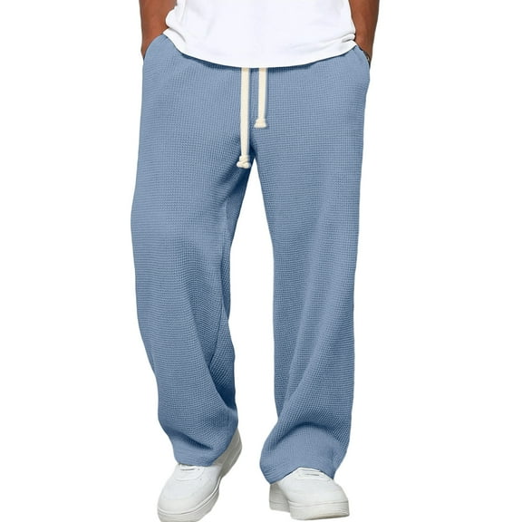 Dresfit Men's Wide Leg Sweatpants Baggy Waffle Pants Trendy Drawstring Textured Vintage Trousers Stretch Solid Sports Sweatpant with Pockets Blue XL