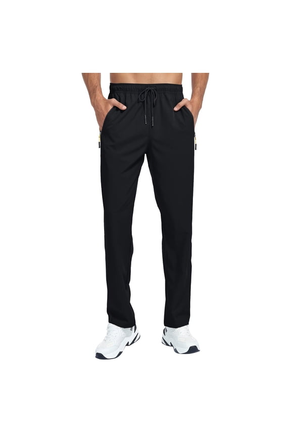Mens Athletic Pants Big and Tall Waterproof Sweatpants Elastic Waist Quick Dry Hiking Joggers Open Bottom Straight Leg Yoga Trousers with Zipper Pockets Black XL